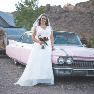 ghost town wedding pink cadilac 