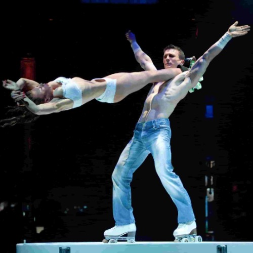 Skaters are performing in the Absinthe show in Las Vegas.
