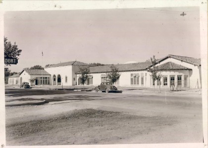 A black & white old photo of the Historic Fifth Street School in downtown Las Vegas