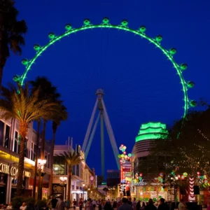 This is a picture of the St Patricks Day High Roller wheel in Las Vegas with Green Lights