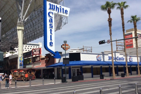 This is the exterior of the White Castle restaurant in Downtown Las Vegas on Fremont Street and Fourth